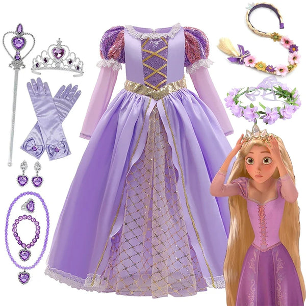 Girls Disney Rapunzel Dress Kids Tangled Disguise Carnival Girl Princess Costume Birthday Party Gown Outfit Clothes 2-10 Years - Bear Hugs