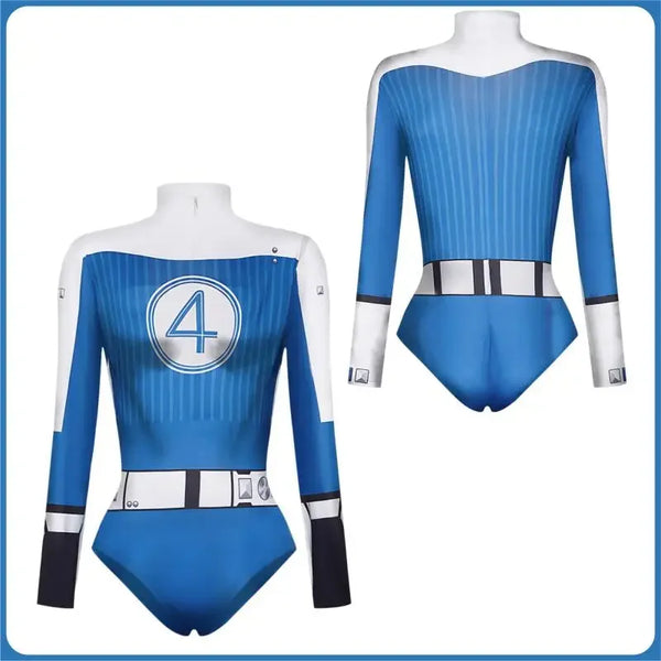 Women Fantastic Fourth Susan Storm Cosplay Bodysuit Halloween Blue White Color Invisible Zipper Long Sleeve Role Play Swimsuit - Bear Hugs