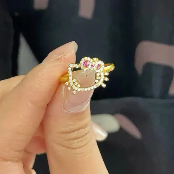 Sanrio Hello Kitty Ring Cartoon Fashion Woman's Diamond Studded Ring Sweet Girls Daily Wearing Anime Peripherals Ornament Gifts - Bear Hugs