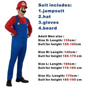 Game Super Plumber Bros Cosplay Costumes for Men Women Halloween Carnival Outfits Fancy Jumpsuit with Hat Mustache Gloves - Bear Hugs