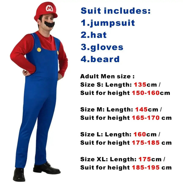 Game Super Plumber Bros Cosplay Costumes for Men Women Halloween Carnival Outfits Fancy Jumpsuit with Hat Mustache Gloves - Bear Hugs