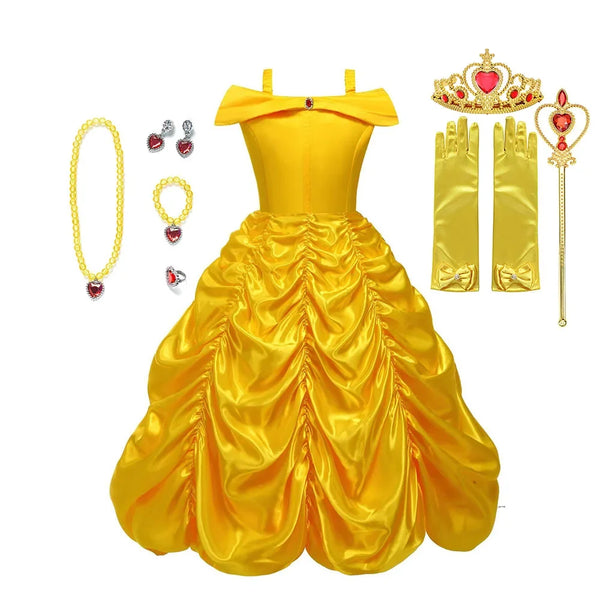 Off Shoulder Yellow Princess Dress for Kids Girl Belle Role Playing Clothing Fancy Carnival Party Birthday Ball Gowns Halloween - Bear Hugs
