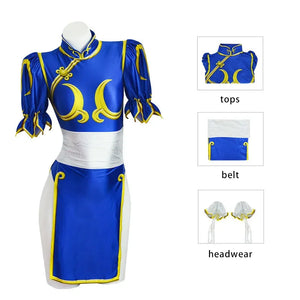 Chun Li Cosplay Dress Costume Game SF Chunli Role Play Blue Qipao Outfit Full Set Jackie Kung fu Halloween Party Suit For Fun - Bear Hugs