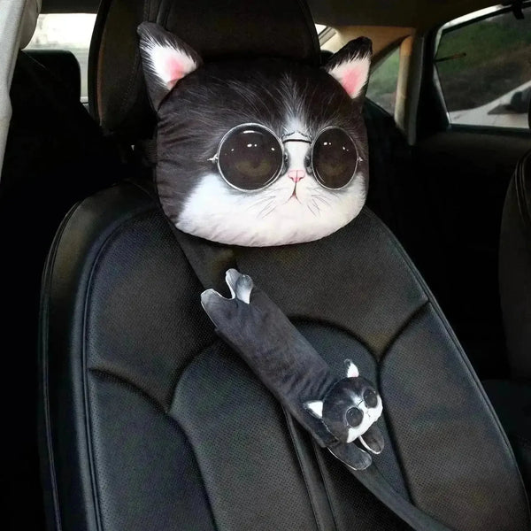3D Cat & Dog Headrest Cushions with Seatbelt Covers - Bear Hugs