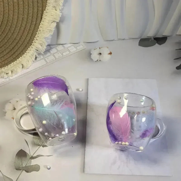 Creative Feather Embedded Glass Mugs - Bear Hugs
