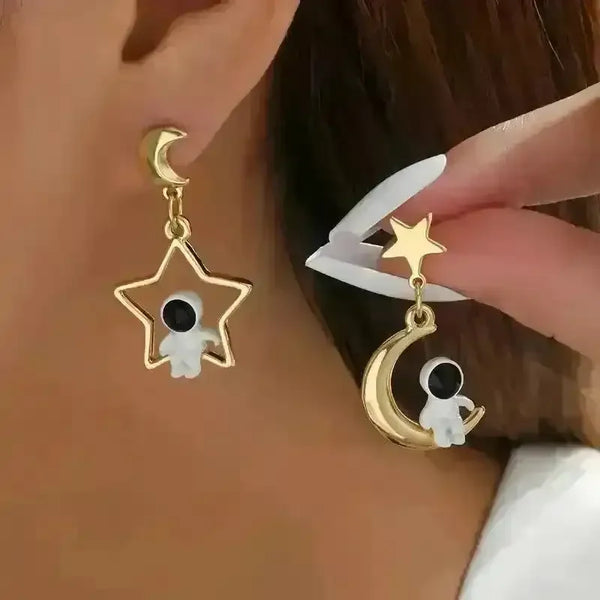 Hollow Moon Astronaut Dangle Earrings - Bear Hugs