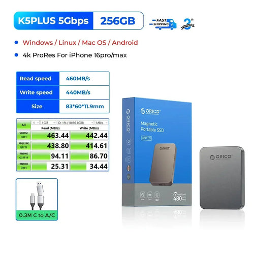 ORICO 5Gbps Portable Solid State Drive 480MB/s Magnetic External SSD for iPhone 16 15 Pro/Max ProRes 4K HDR Record and Store - Bear Hugs
