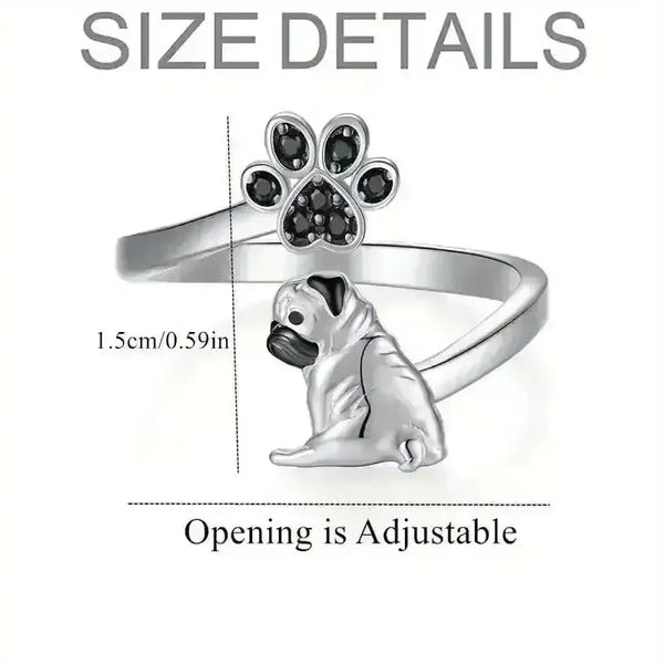 Pug Paw Rhinestone Adjustable Ring - Bear Hugs