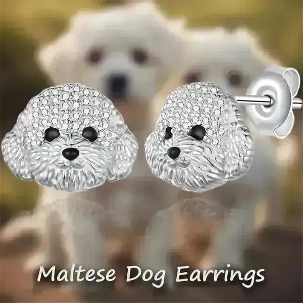 Rhinestone Maltese Dog Stud Earrings - Bear Hugs