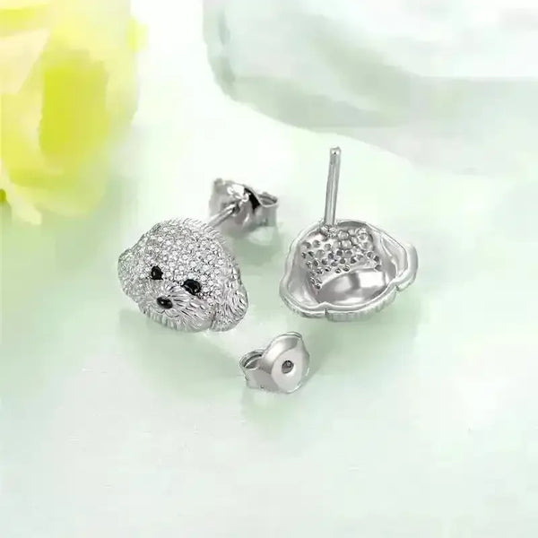 Rhinestone Maltese Dog Stud Earrings - Bear Hugs