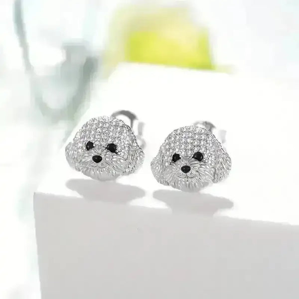 Rhinestone Maltese Dog Stud Earrings - Bear Hugs