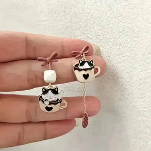 Whimsical Kitten Tea Cup Dangle Earrings - Bear Hugs