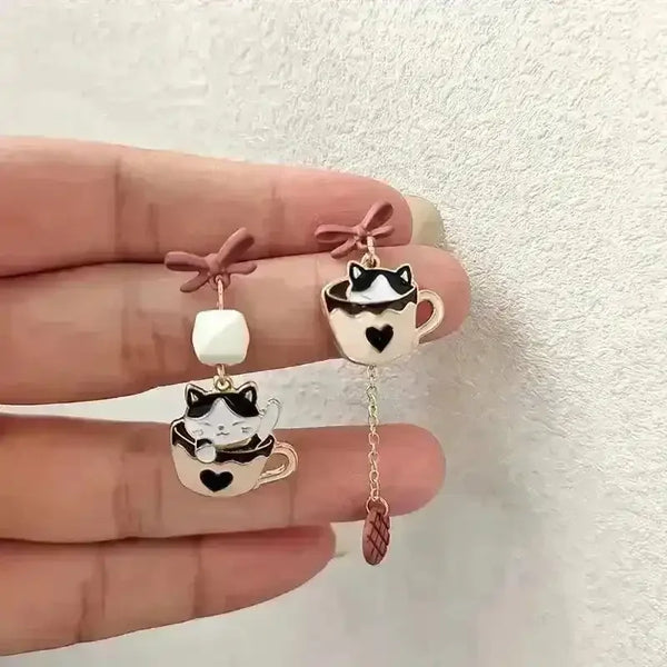 Whimsical Kitten Tea Cup Dangle Earrings - Bear Hugs