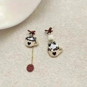 Whimsical Kitten Tea Cup Dangle Earrings - Bear Hugs