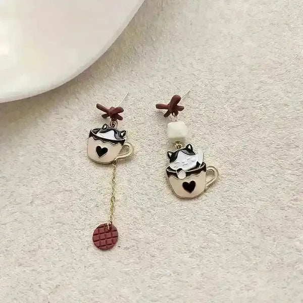 Whimsical Kitten Tea Cup Dangle Earrings - Bear Hugs