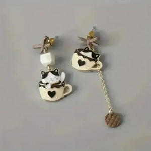 Whimsical Kitten Tea Cup Dangle Earrings - Bear Hugs