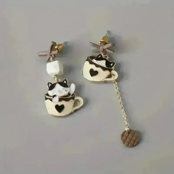 Whimsical Kitten Tea Cup Dangle Earrings - Bear Hugs