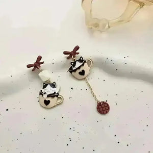 Whimsical Kitten Tea Cup Dangle Earrings - Bear Hugs