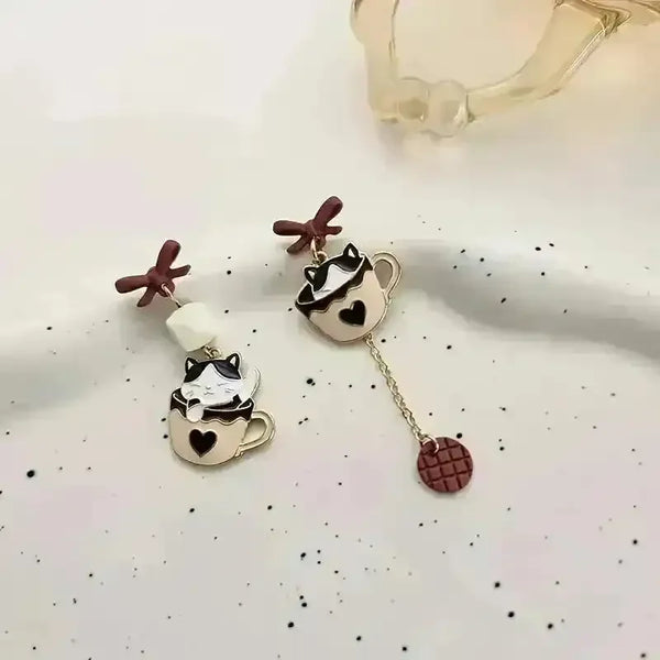 Whimsical Kitten Tea Cup Dangle Earrings - Bear Hugs