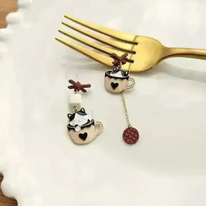 Whimsical Kitten Tea Cup Dangle Earrings - Bear Hugs