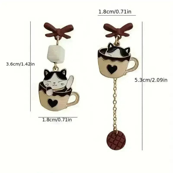 Whimsical Kitten Tea Cup Dangle Earrings - Bear Hugs