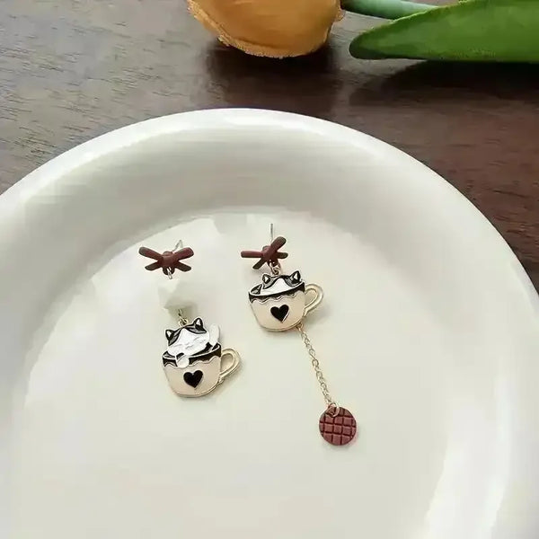 Whimsical Kitten Tea Cup Dangle Earrings - Bear Hugs