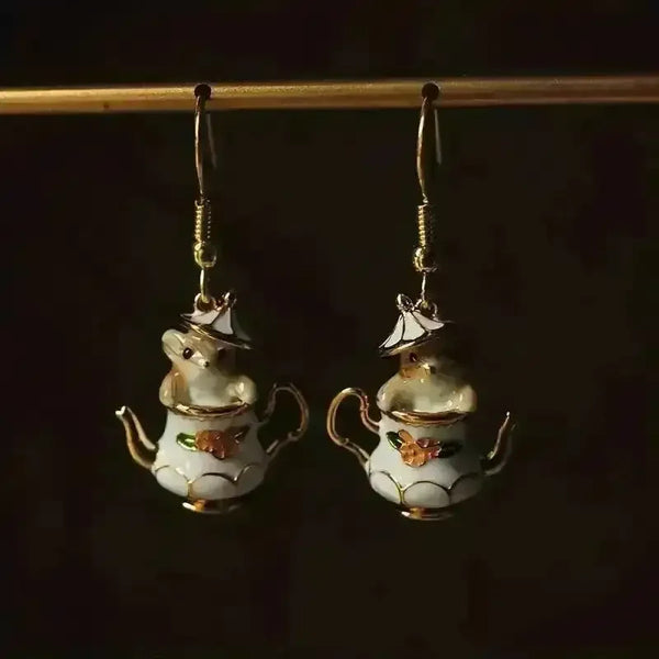 Whimsical Teapot Mouse Dangle Earrings - Bear Hugs