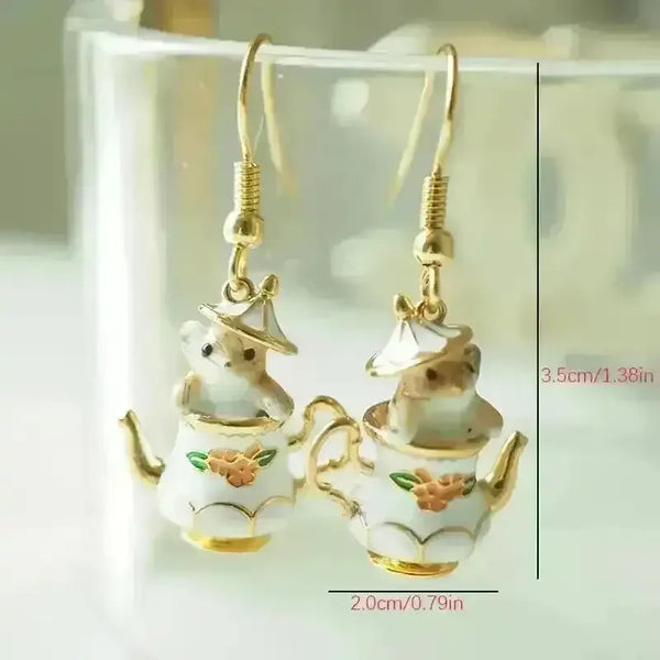 Whimsical Teapot Mouse Dangle Earrings - Bear Hugs