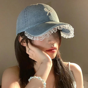 Cute Denim Lace Bow Womens Cap - Bear Hugs