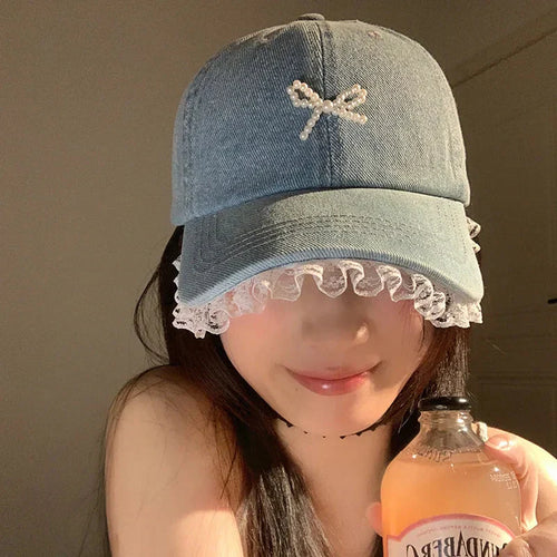 Cute Denim Lace Bow Womens Cap - Bear Hugs