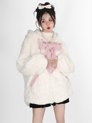 Fuzzy Neko Pompom Hooded Coat - Bear Hugs