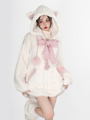 Fuzzy Neko Pompom Hooded Coat - Bear Hugs