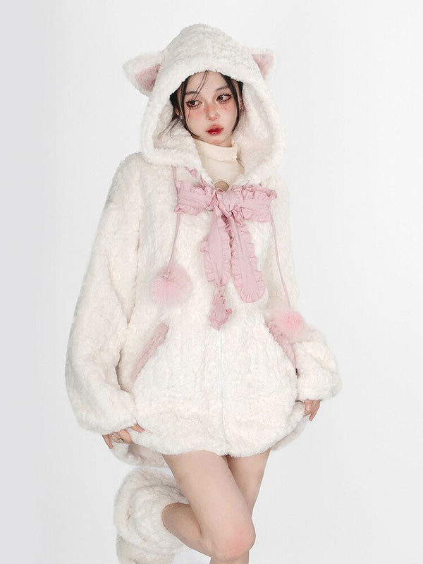 Fuzzy Neko Pompom Hooded Coat - Bear Hugs