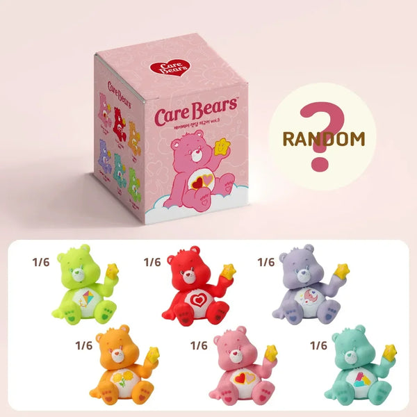 Care Bears toy set with a box labeled 'Random?' on a light pink background