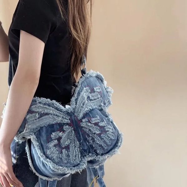 Frayed Butterfly Denim Premium Y2K Backpack