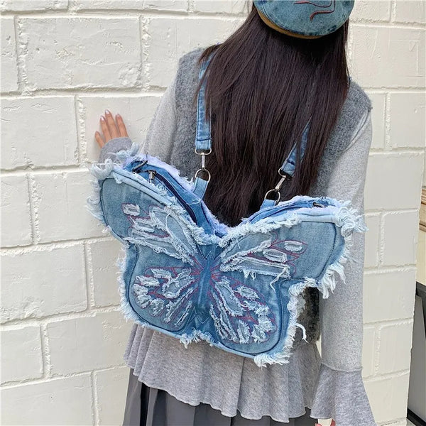 Frayed Butterfly Denim Premium Y2K Backpack