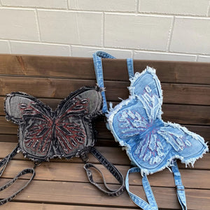 Frayed Butterfly Denim Premium Y2K Backpack