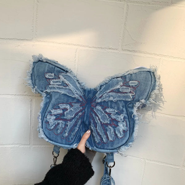 Frayed Butterfly Denim Premium Y2K Backpack