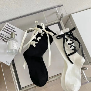 Coquette Desire Lace-Up Ribbon Bow Socks (Set of 2)