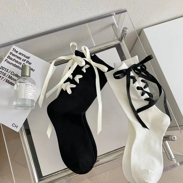 Coquette Desire Lace-Up Ribbon Bow Socks (Set of 2)