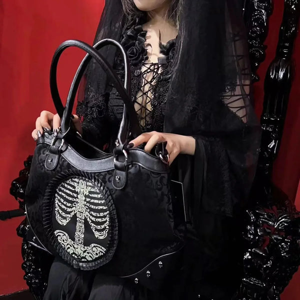 Nocturne Flocked Ribcage Skeleton Handbag