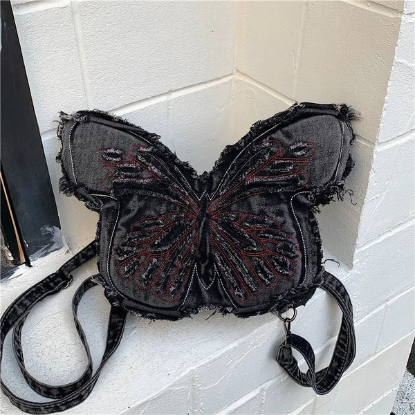 Frayed Butterfly Denim Premium Y2K Backpack