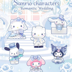 Sanrio characters in wedding attire on a decorative background with 'Sanrio characters Romantic Wedding' text.