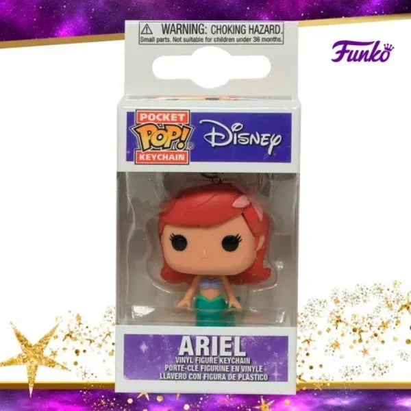 Funko Pocket Pop! keychain packaging featuring Ariel with Disney and Funko logos on a purple background.