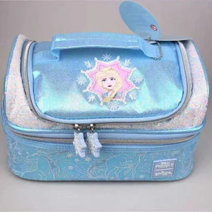 Blue cosmetic bag with Disney Frozen design featuring Elsa on a gray background