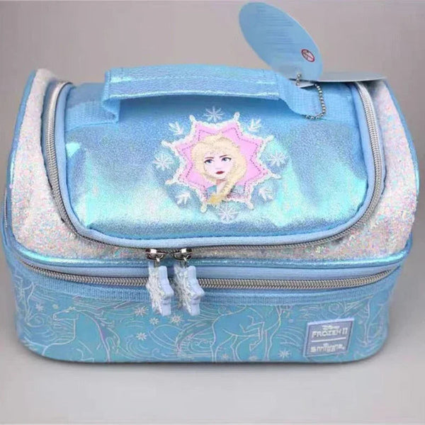 Blue cosmetic bag with Disney Frozen design featuring Elsa on a gray background