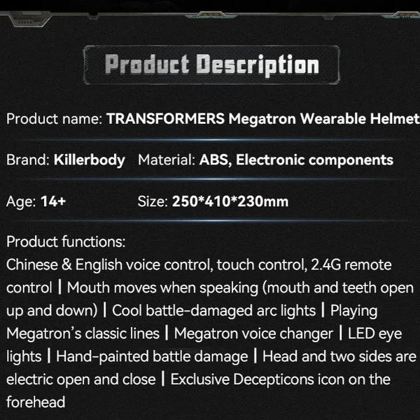 Killerbody Megatron Trans4mers Smart Helmet