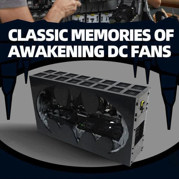 Two people assembling a large DC superhero toy set with text about classic memories.