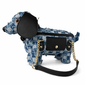 Berry-Sweet Denim Dachshund Distressed Patchwork Bag