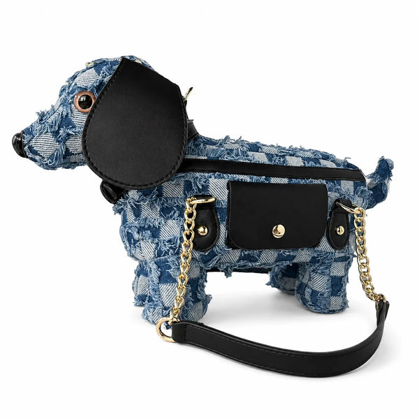Berry-Sweet Denim Dachshund Distressed Patchwork Bag
